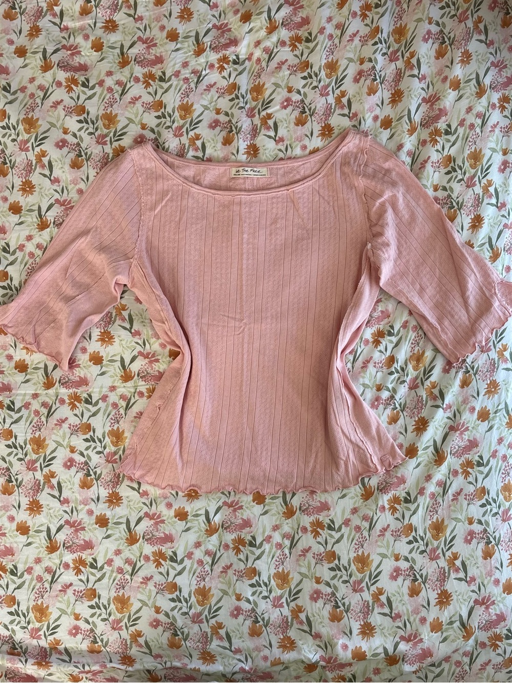 Free People Pointelle Pink Lettuce Trim Top Size XL Boho Knit Cottage